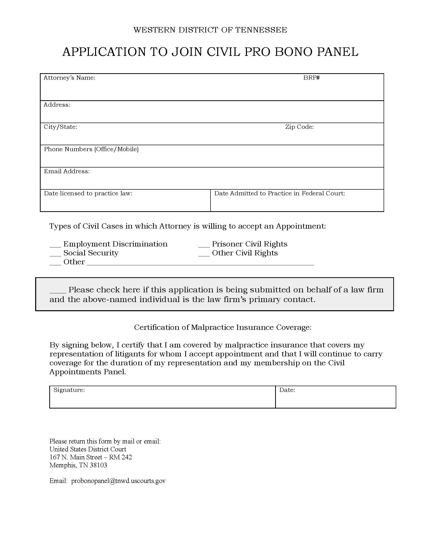 Civil Pro Bono Panel Volunteer Form | Pdf Fpdf Doc Docx | Tennessee
