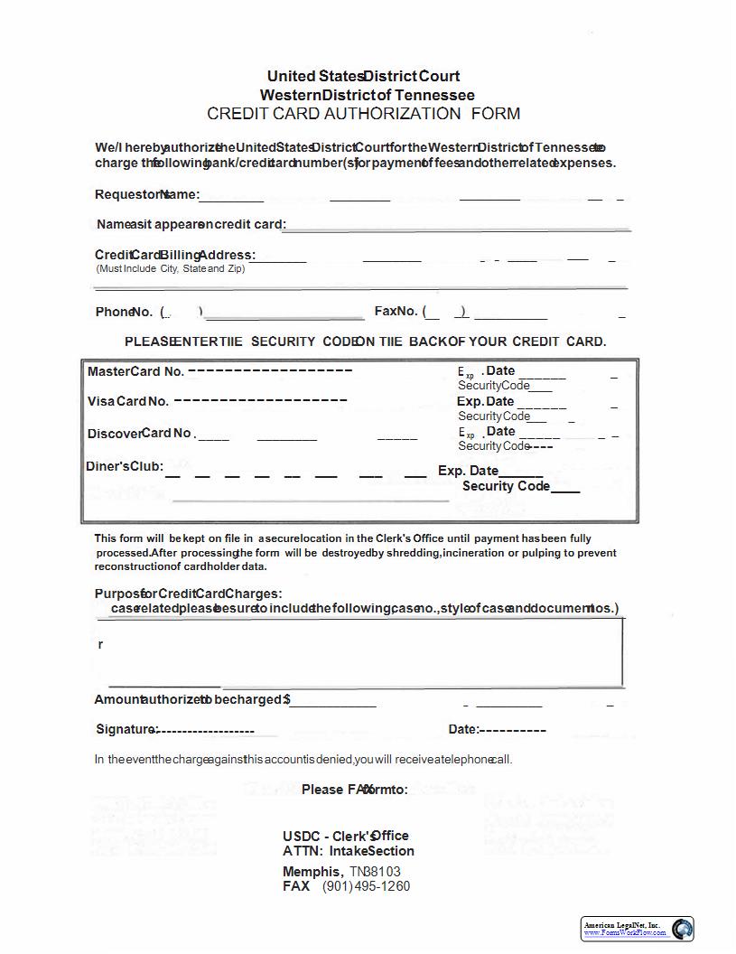 Credit Card Authorization Form | Pdf Fpdf Docx | Tennessee