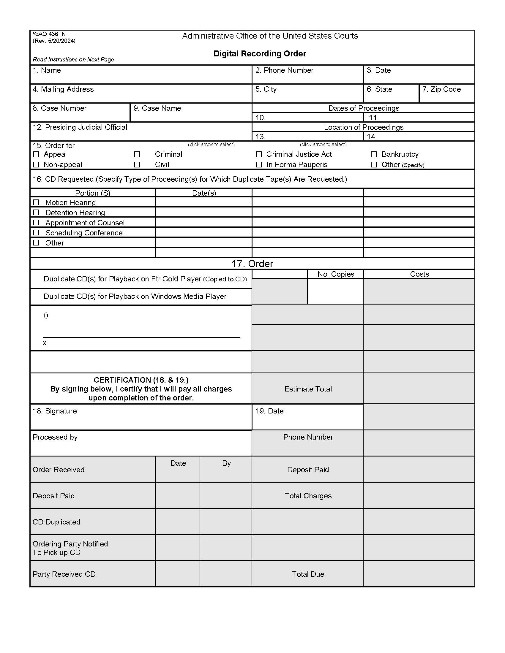Digital Recording Order {AO 436TN} | Pdf Fpdf Docx | Tennessee