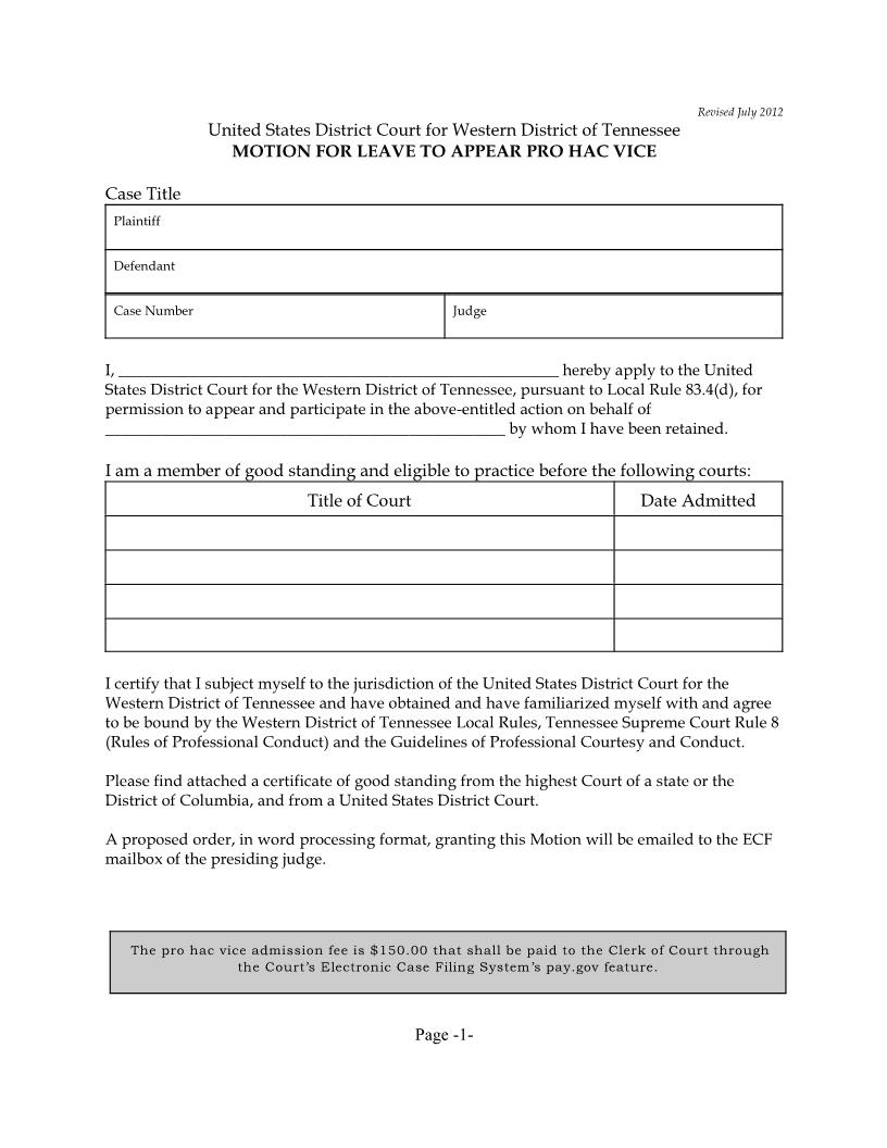 Motion For Leave To Appear Pro Hac Vice | Pdf Fpdf Doc Docx | Tennessee