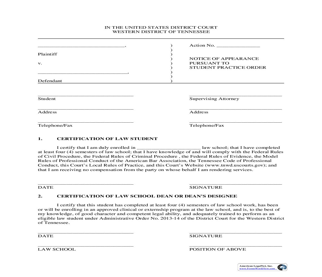 Notice Of Appearance Pursuant To Student Practice Order | Pdf Fpdf Doc Docx | Tennessee