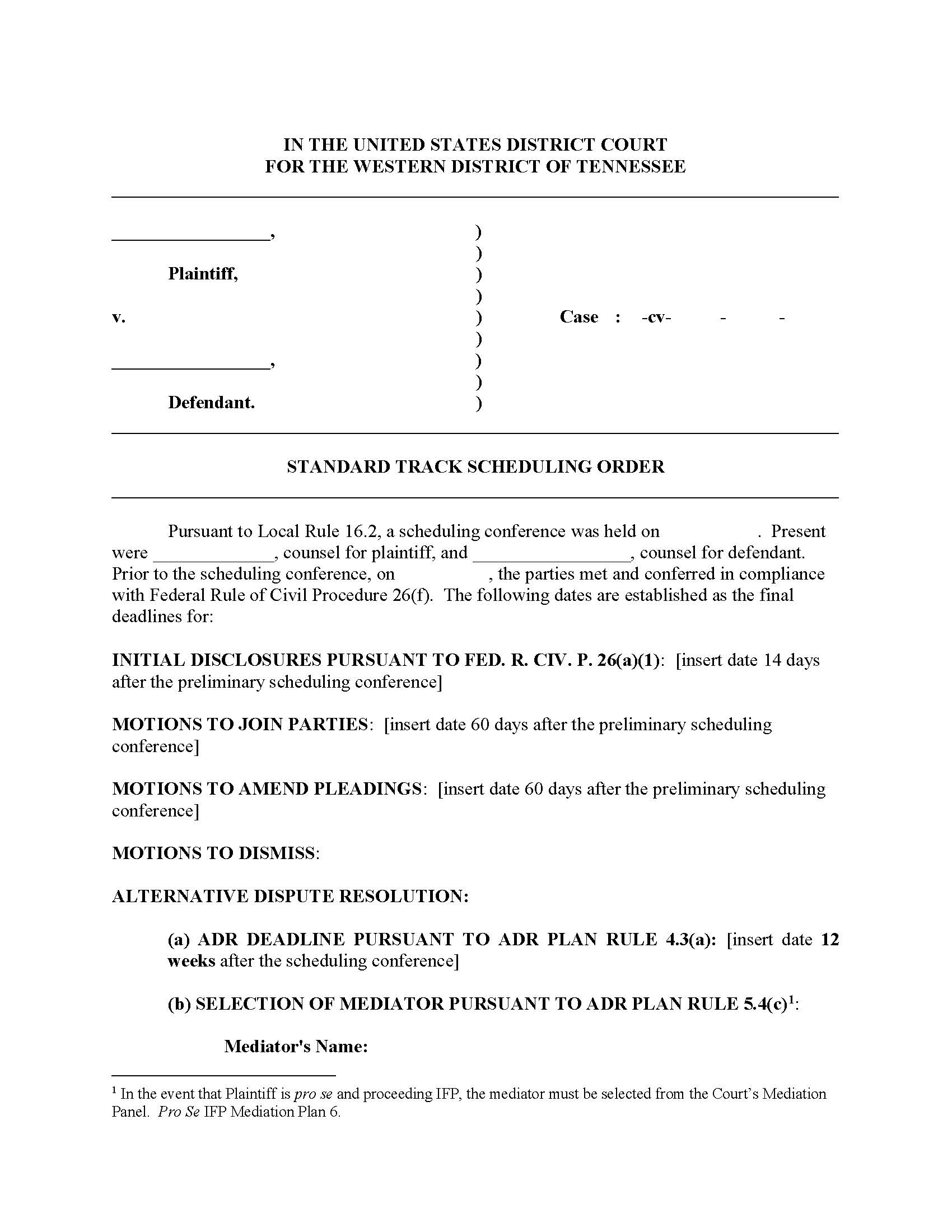 Standard Track Scheduling Order | Pdf Fpdf Doc Docx | Tennessee