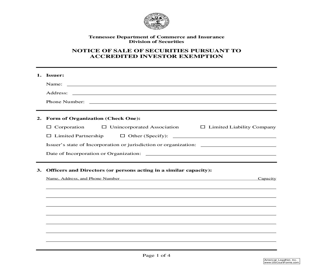Notice Of Sale Of Securities Pursuant To Accredited Investor Exemption {IN-1460} | Pdf Fpdf Doc Docx | Tennessee