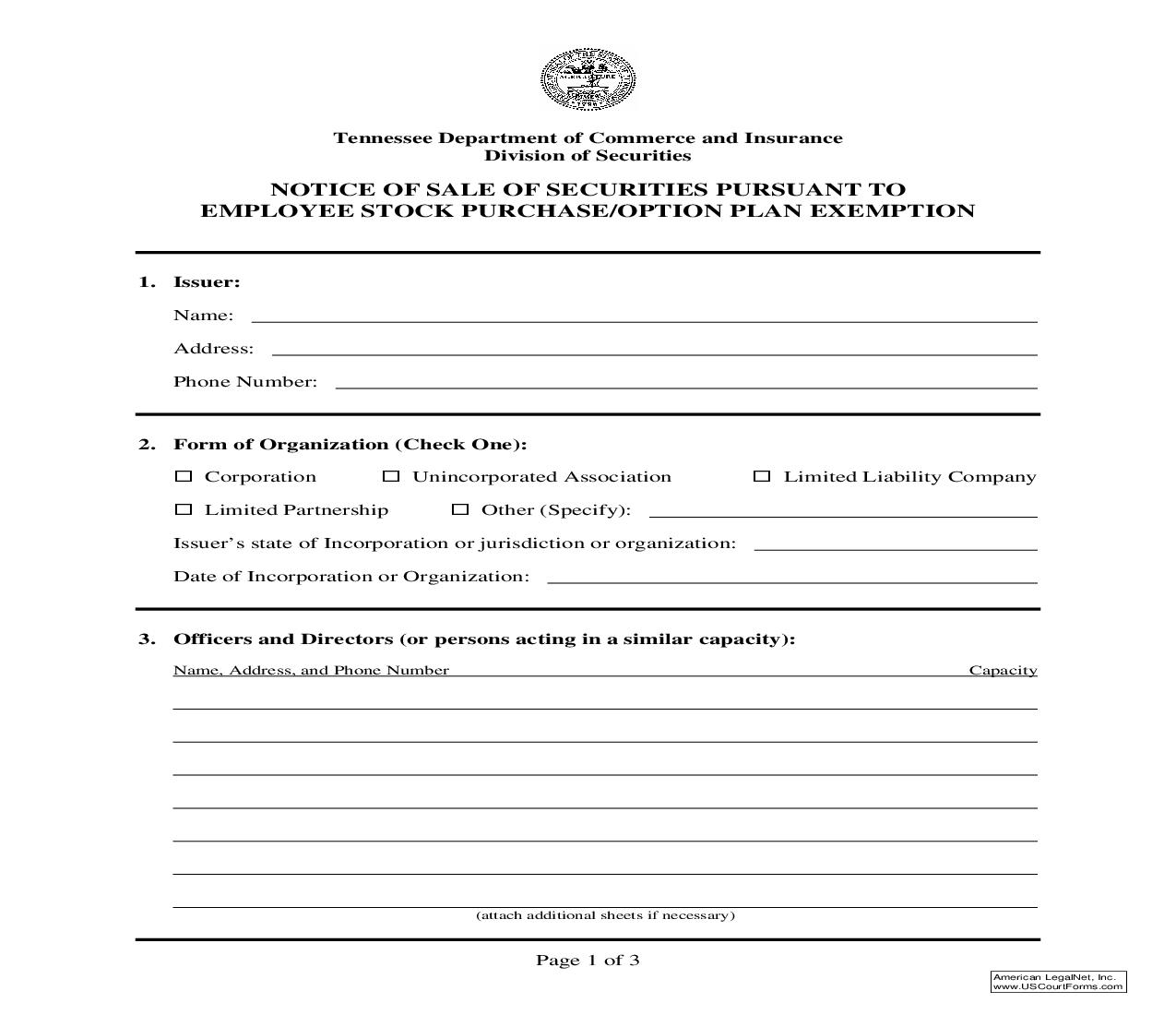 Notice Of Sale Of Securities Pursuant To Employee Stock Purchase Plan Exemption {IN-1461} | Pdf Fpdf Doc Docx | Tennessee