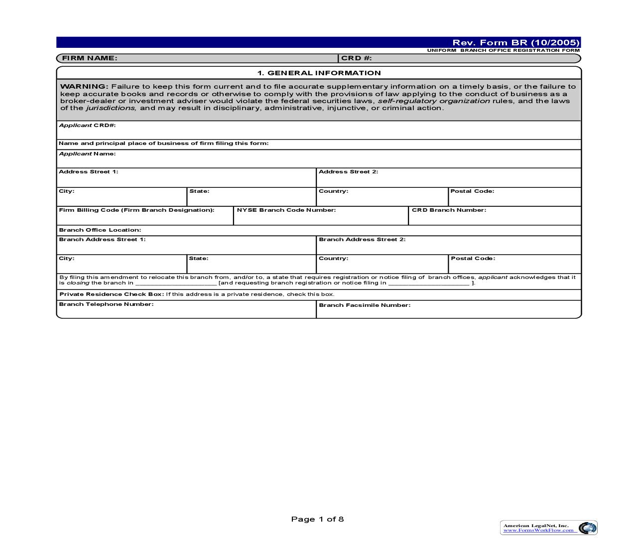 Uniform Branch Office Registration Form {BR} | Pdf Fpdf Doc Docx | Tennessee