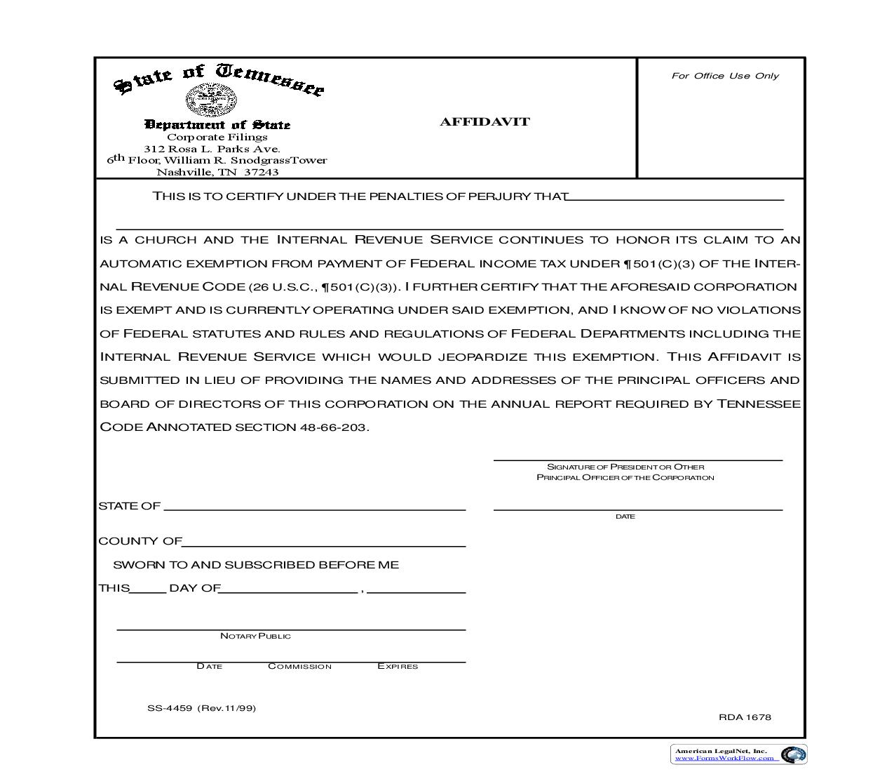 Affidavit (Church Tax Exemption) {SS-4459} | Pdf Fpdf Doc Docx | Tennessee