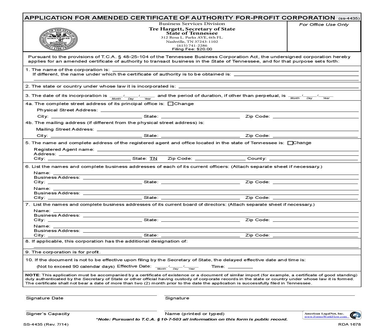 Application For Amended Certificate Of Authority (For Profit) {SS-4435} | Pdf Fpdf Doc Docx | Tennessee