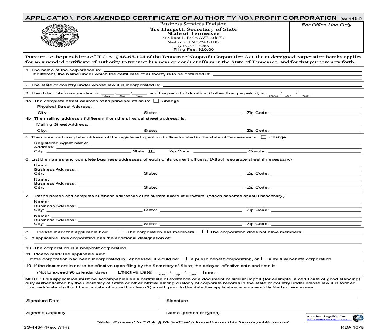 Application For Amended Certificate Of Authority (Nonprofit) {SS-4434} | Pdf Fpdf Doc Docx | Tennessee