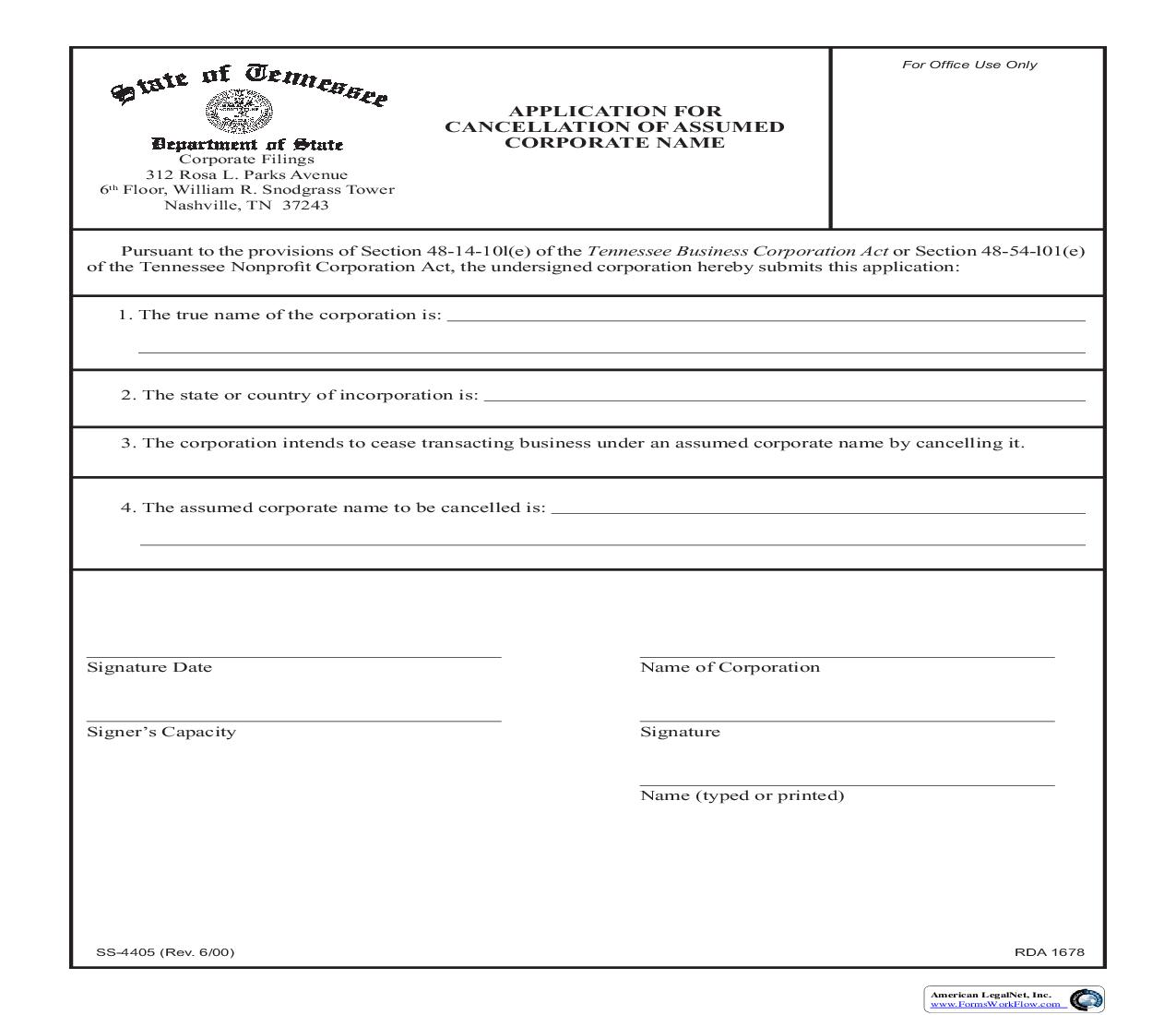 Application For Cancellation Of Assumed Corporate Name {SS-4405} | Pdf Fpdf Doc Docx | Tennessee