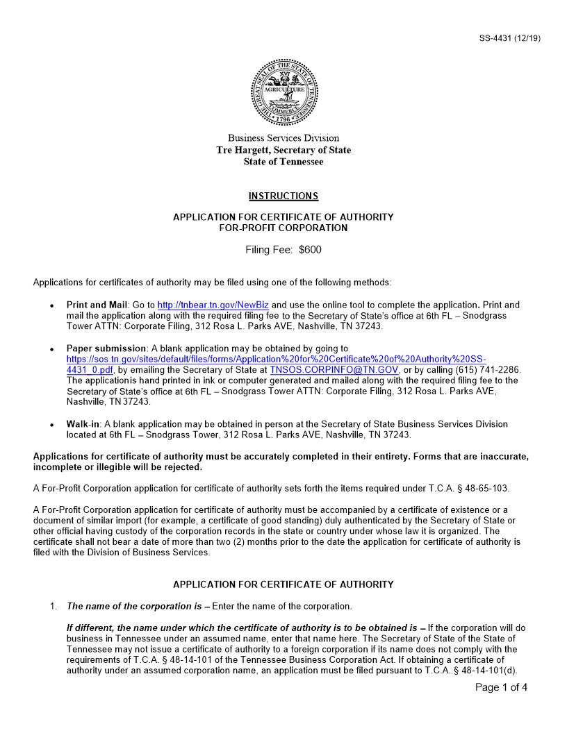Application For Certificate Of Authority (For Profit) {SS-4431} | Pdf Fpdf Doc Docx | Tennessee