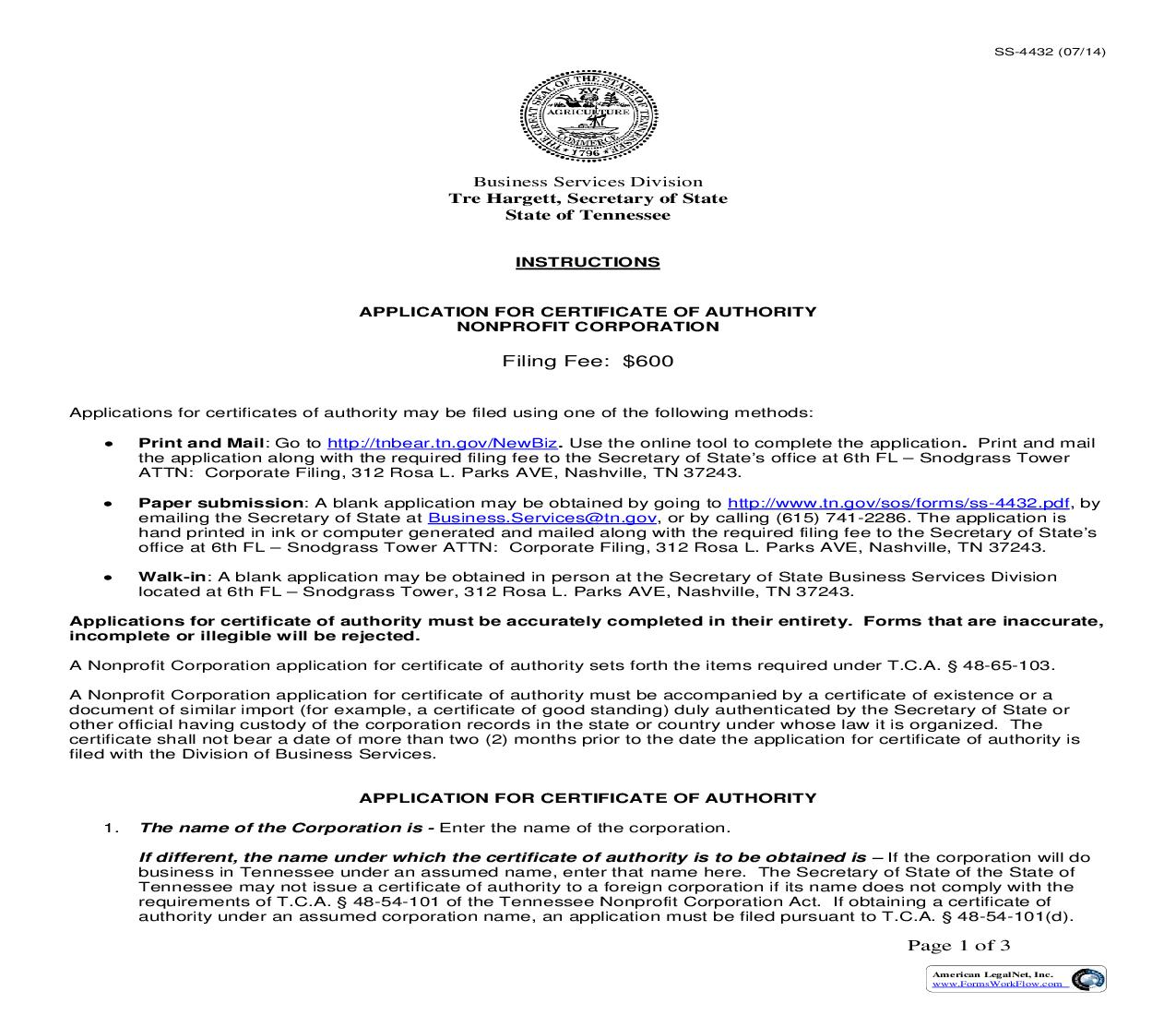 Application For Certificate Of Authority (Nonprofit) {SS-4432} | Pdf Fpdf Doc Docx | Tennessee