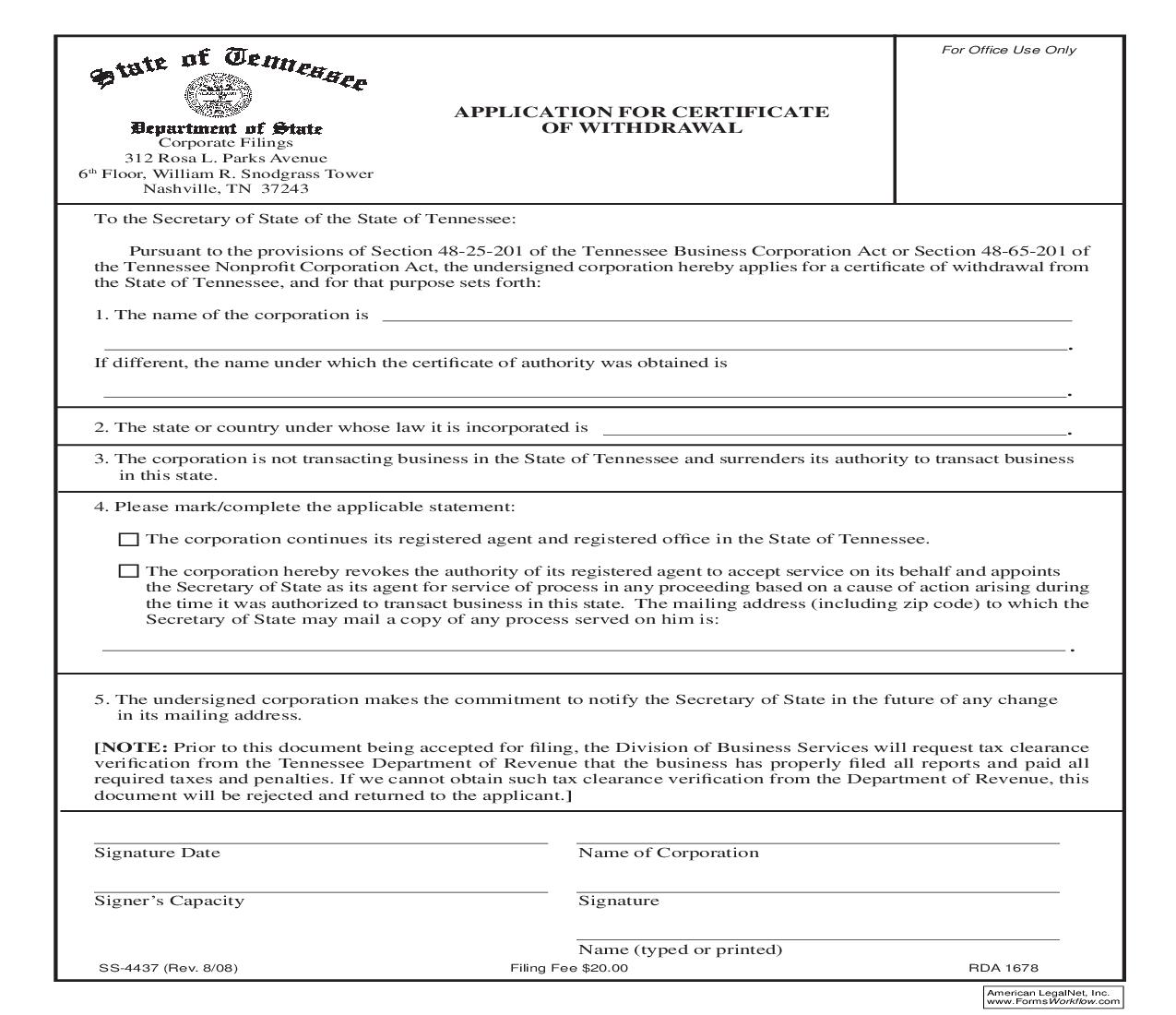 Application For Certificate Of Withdrawal {SS-4437} | Pdf Fpdf Doc Docx | Tennessee