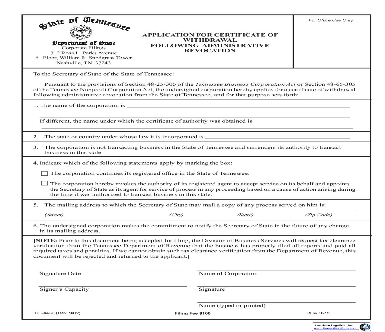 Application For Certificate Of Withdrawal Following Administrative Revocation {SS-4436} | Pdf Fpdf Doc Docx | Tennessee