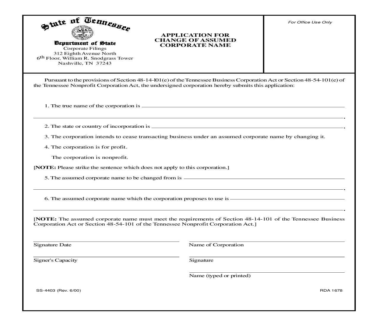 Application For Change Of Assumed Corporate Name {SS-4403} | Pdf Fpdf Doc Docx | Tennessee