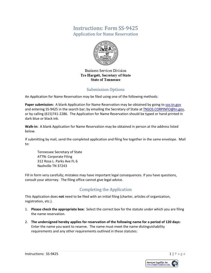 Application For Name Reservation {SS-9425} | Pdf Fpdf Docx | Tennessee