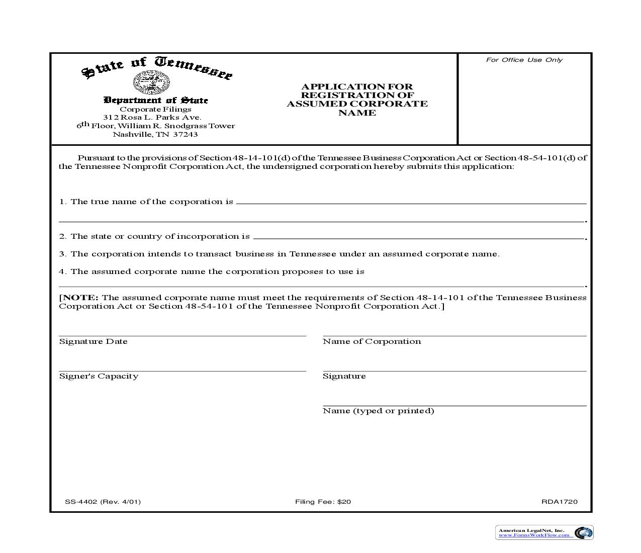 Application For Registration Of Assumed Corporate Name {SS-4402} | Pdf Fpdf Doc Docx | Tennessee