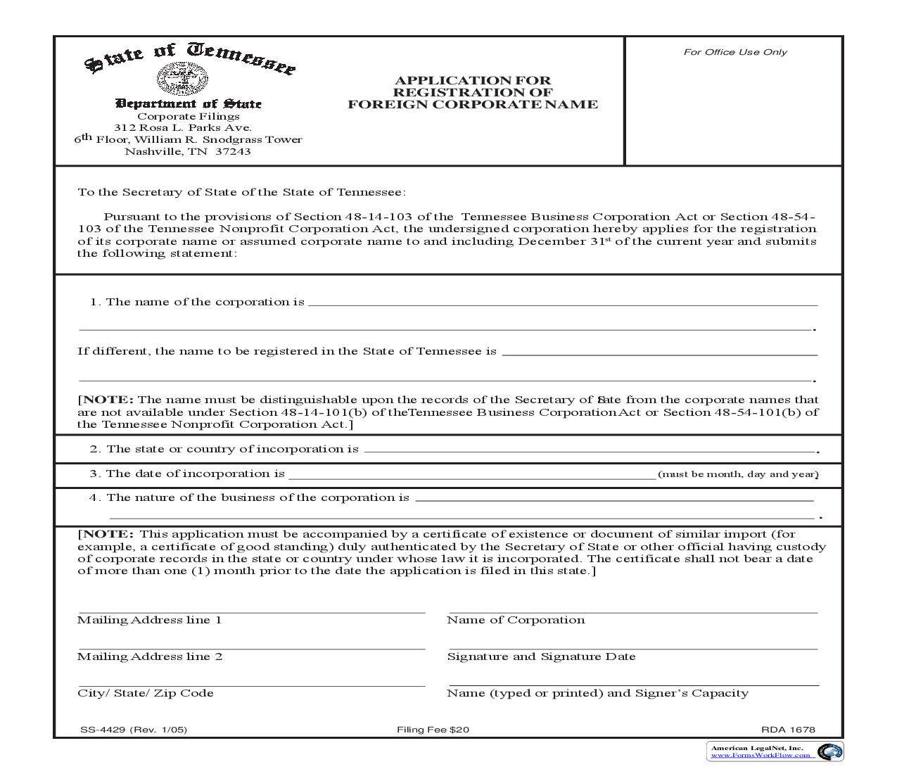 Application For Registration Of Foreign Corporate Name {SS-4429} | Pdf Fpdf Doc Docx | Tennessee