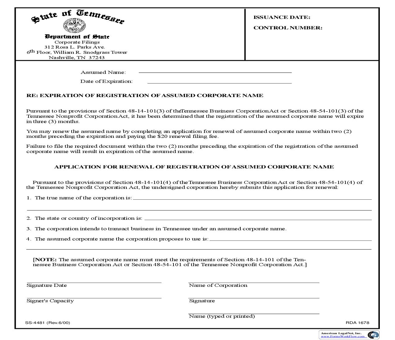 Application For Renewal Of Registration Of Assumed Corporate Name {SS-4481} | Pdf Fpdf Doc Docx | Tennessee