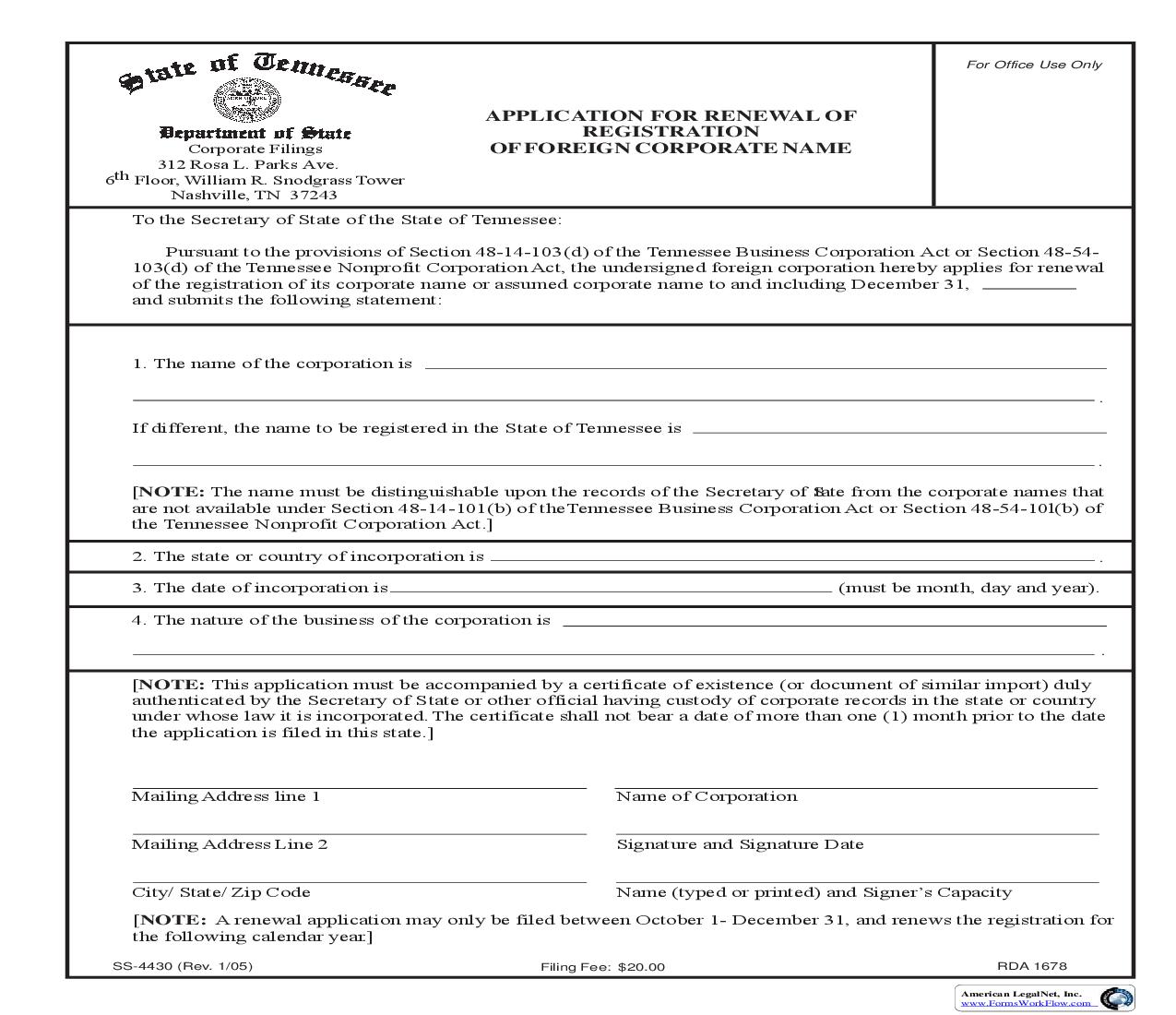 Application For Renewal Of Registration Of Foreign Corporate Name {SS-4430} | Pdf Fpdf Doc Docx | Tennessee