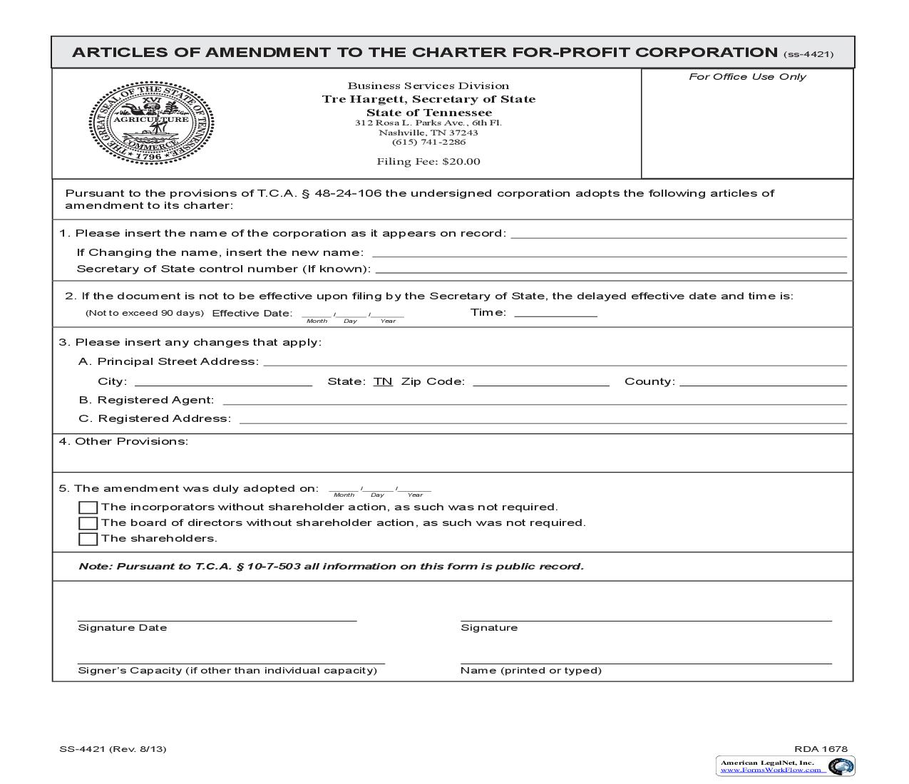 Articles Of Amendment To Charter (For Profit) {SS-4421} | Pdf Fpdf Doc Docx | Tennessee