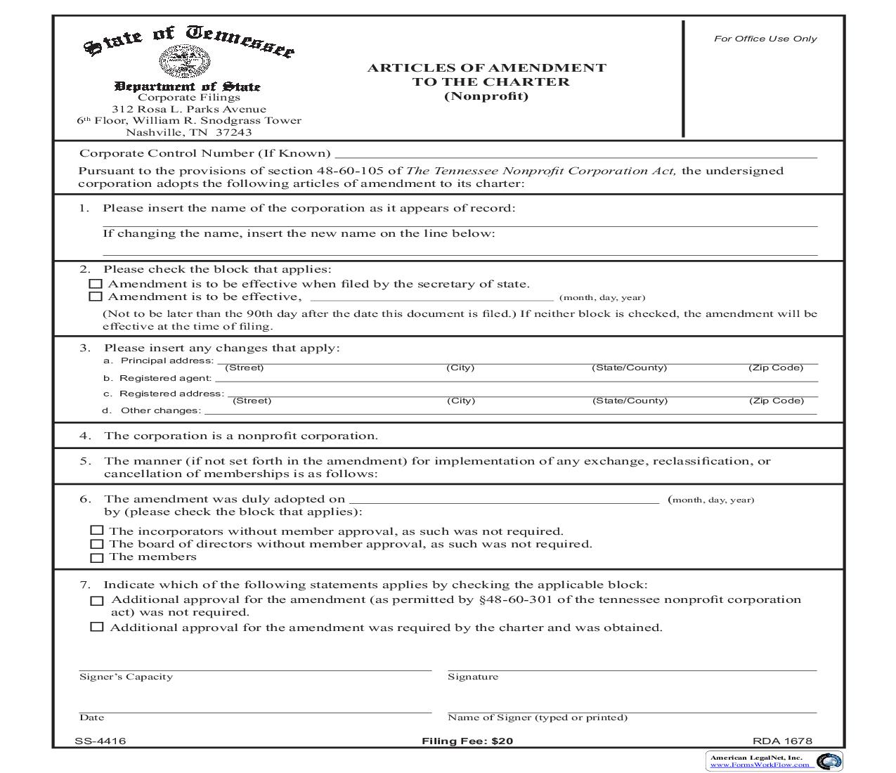 Articles Of Amendment To Charter (Nonprofit) {SS-4416} | Pdf Fpdf Doc Docx | Tennessee