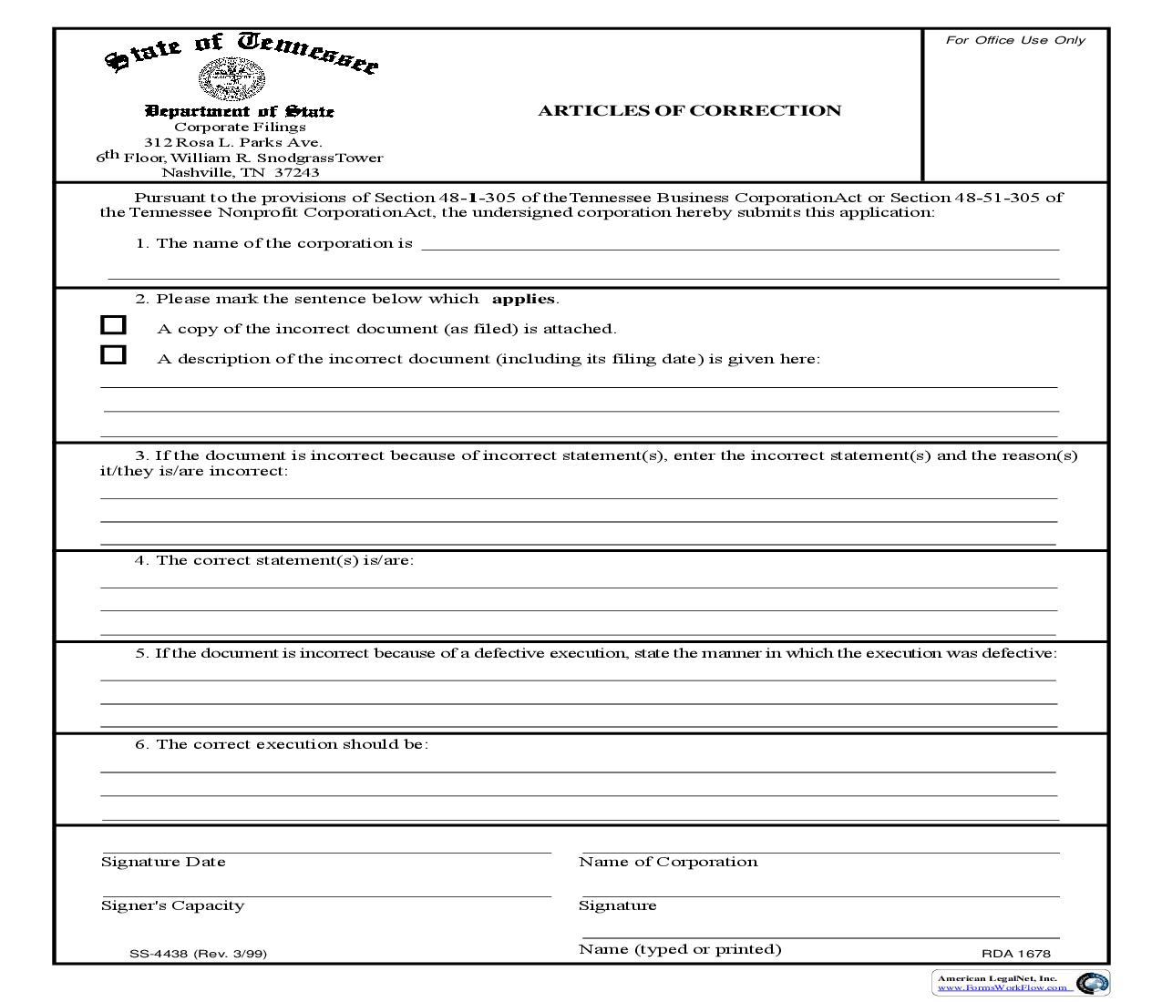 Articles Of Correction {SS-4438} | Pdf Fpdf Doc Docx | Tennessee