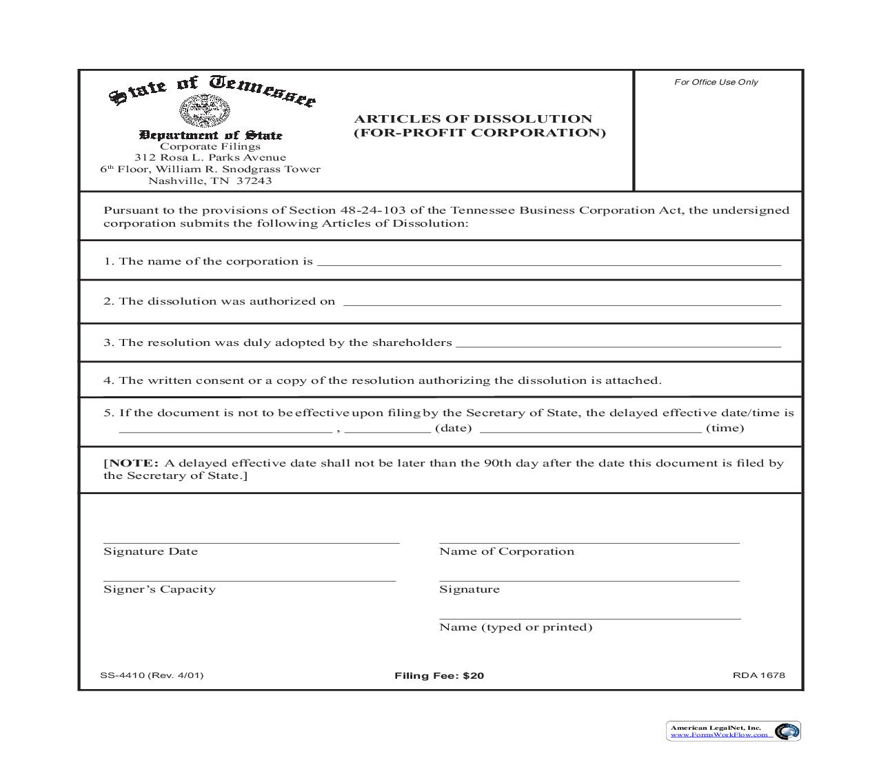 Articles Of Dissolution (For Profit Corp) {SS-4410} | Pdf Fpdf Doc Docx | Tennessee