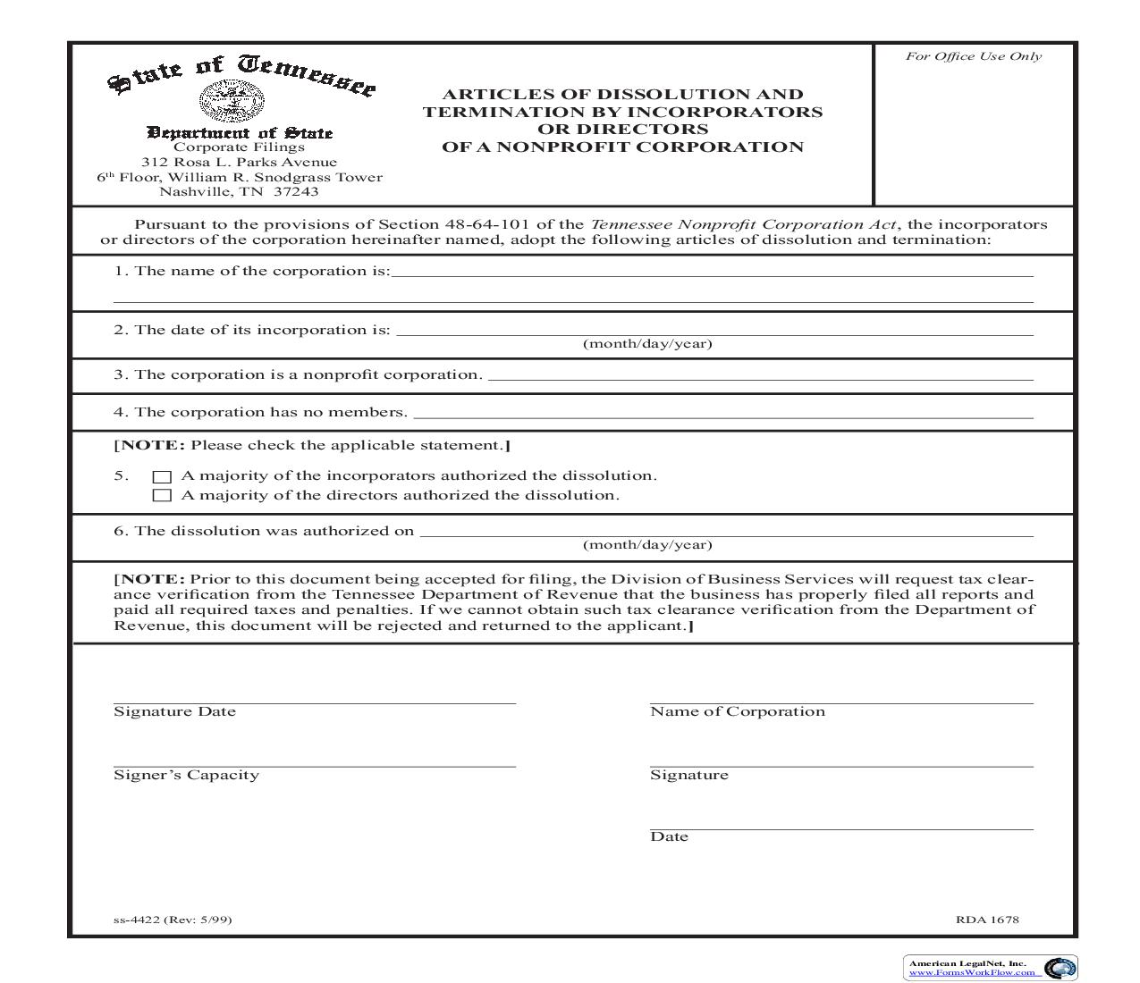 Articles Of Dissolution And Termination By Incoporators Or Directors Of Nonprofit Corp {SS-4422} | Pdf Fpdf Doc Docx | Tennessee