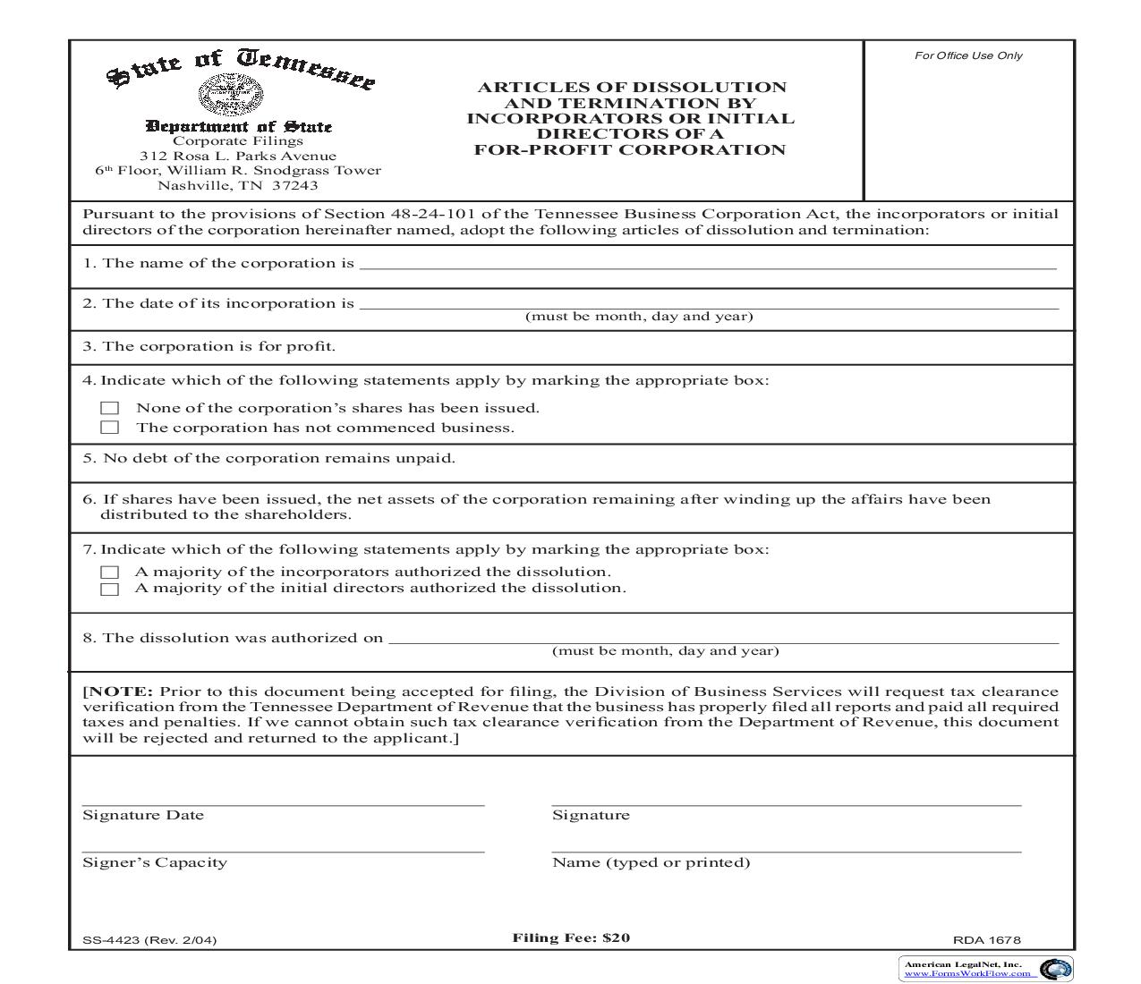 Articles Of Dissolution And Termination By Incorporators Or Initial Directors Of A For Profit Corporation {SS-4423} | Pdf Fpdf Doc Docx | Tennessee