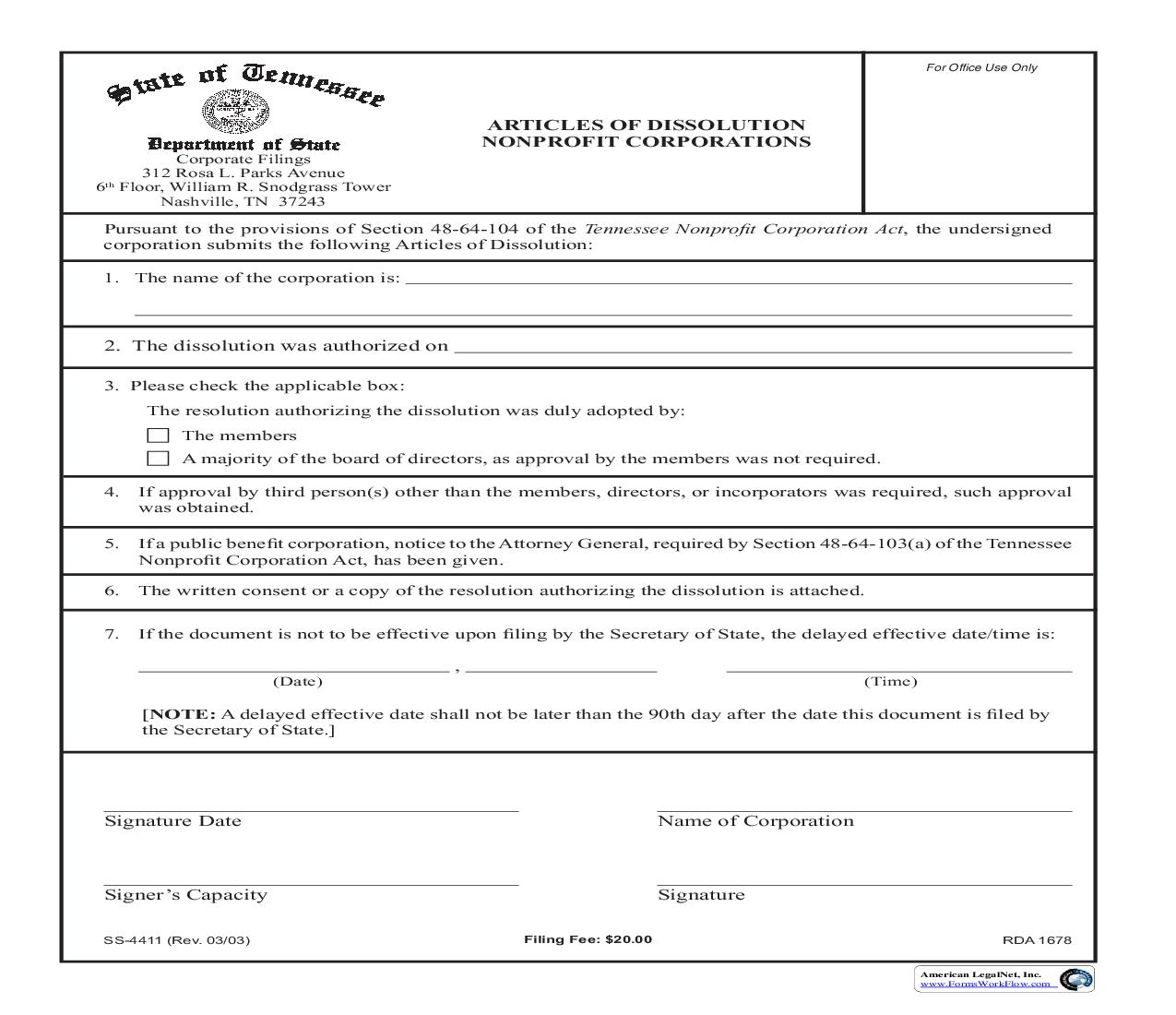 Articles Of Dissolution Non-Profit Corporations {SS-4411} | Pdf Fpdf Doc Docx | Tennessee