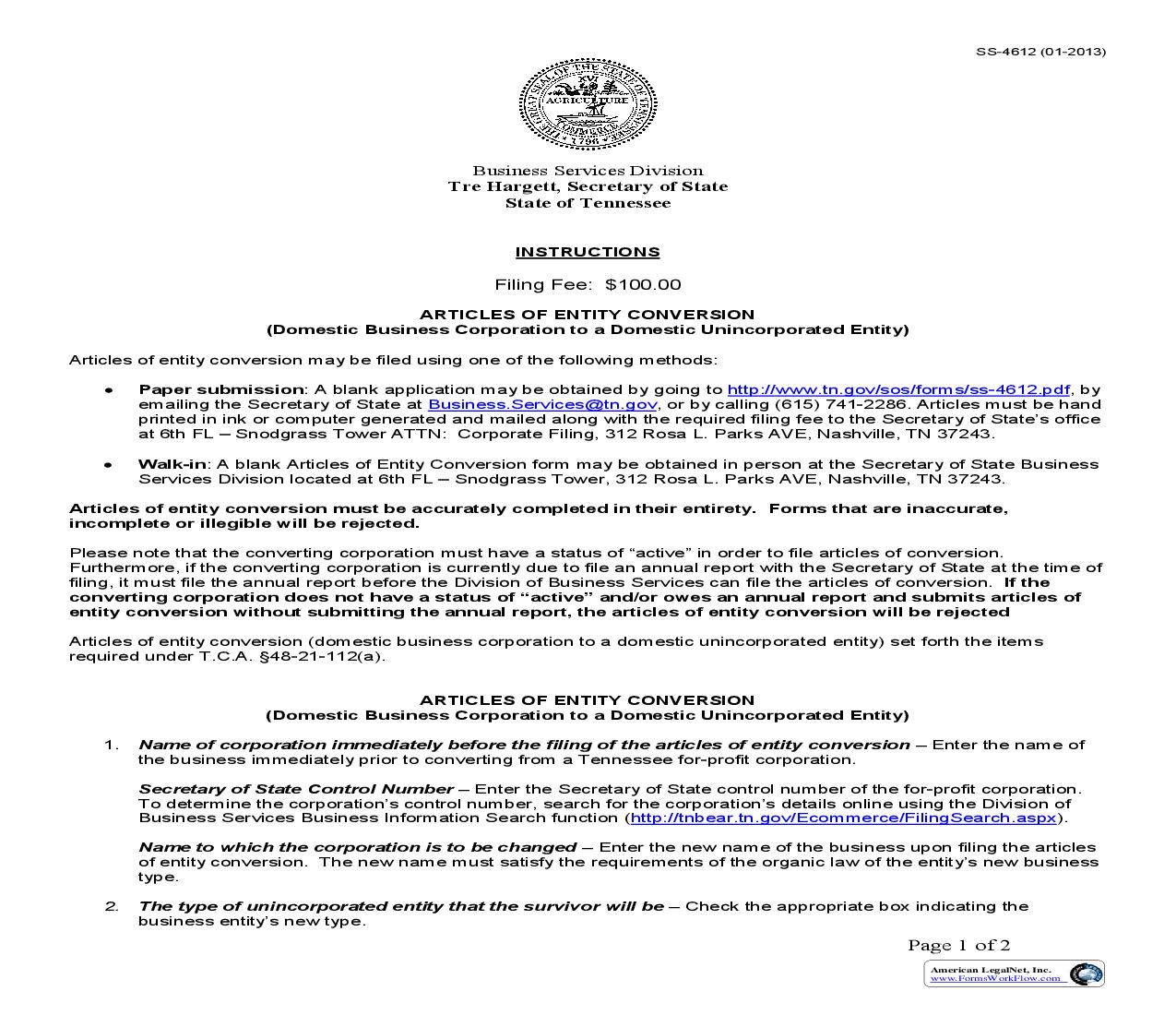 Articles Of Entity Conversion (Domestic Business Corp To Unincorp Entity) {SS-4612} | Pdf Fpdf Doc Docx | Tennessee