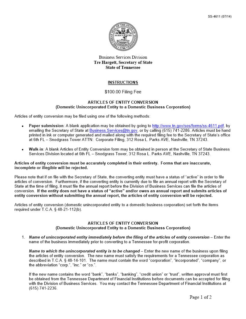 Articles Of Entity Conversion (Domestic Uninc Entity to Domestic Business Corp) {SS-4611} | Pdf Fpdf Doc Docx | Tennessee