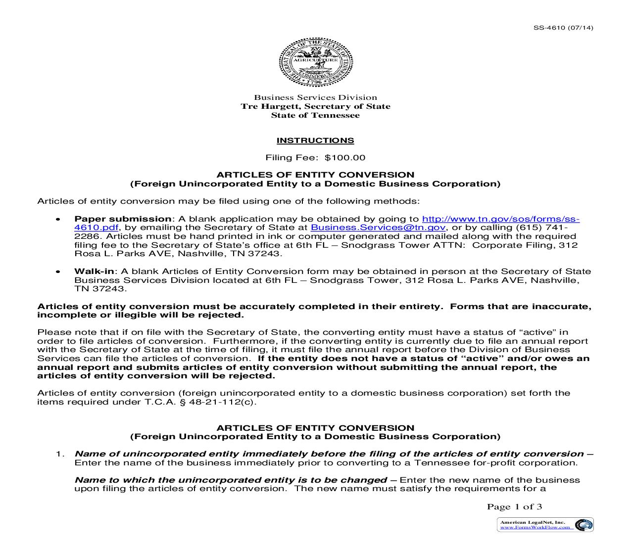 Articles Of Entity Conversion (Foreign Uninc Entity To Domestic Business Corp) {SS-4610} | Pdf Fpdf Doc Docx | Tennessee