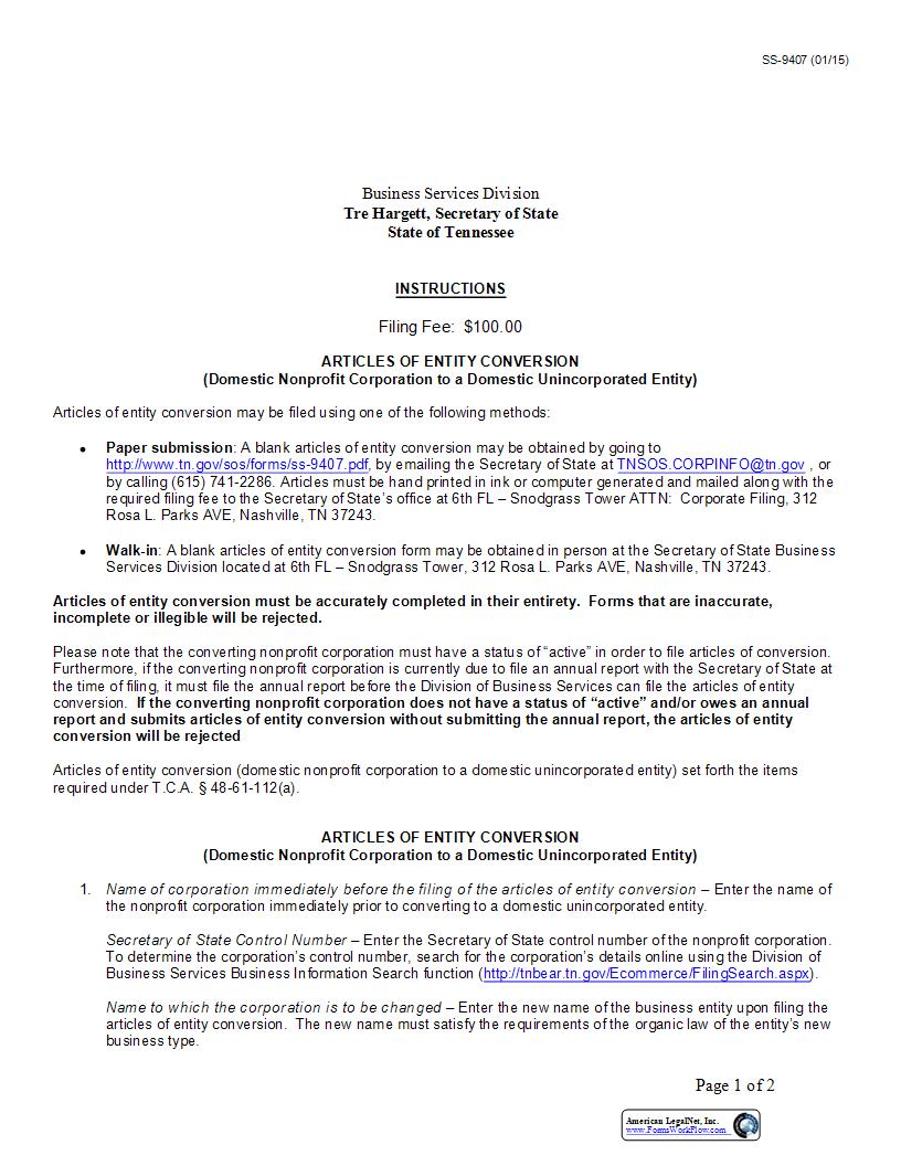 Articles Of Entity Conversion (NP To Unincorporated) {SS-9407} | Pdf Fpdf Docx | Tennessee