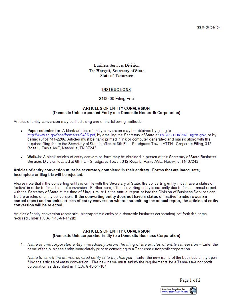 Articles Of Entity Conversion (Unincorporated To NP) {SS-9406} | Pdf Fpdf Docx | Tennessee