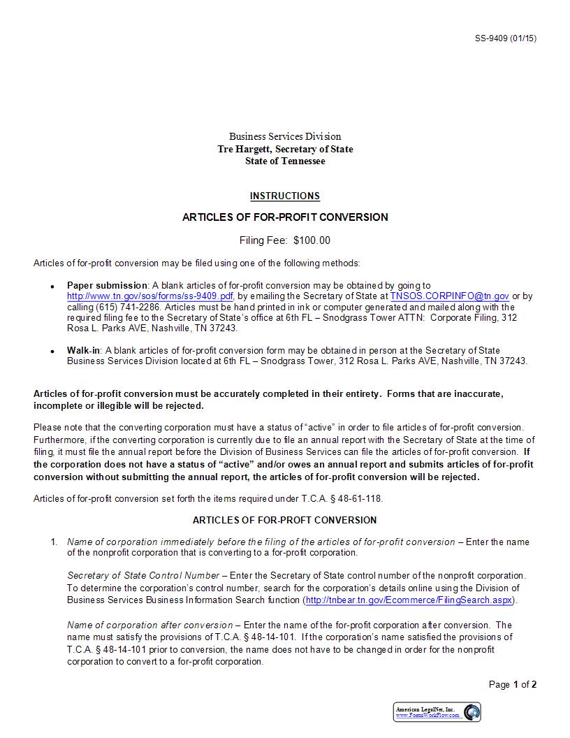 Articles Of For Profit Conversion {SS-9409} | Pdf Fpdf Docx | Tennessee