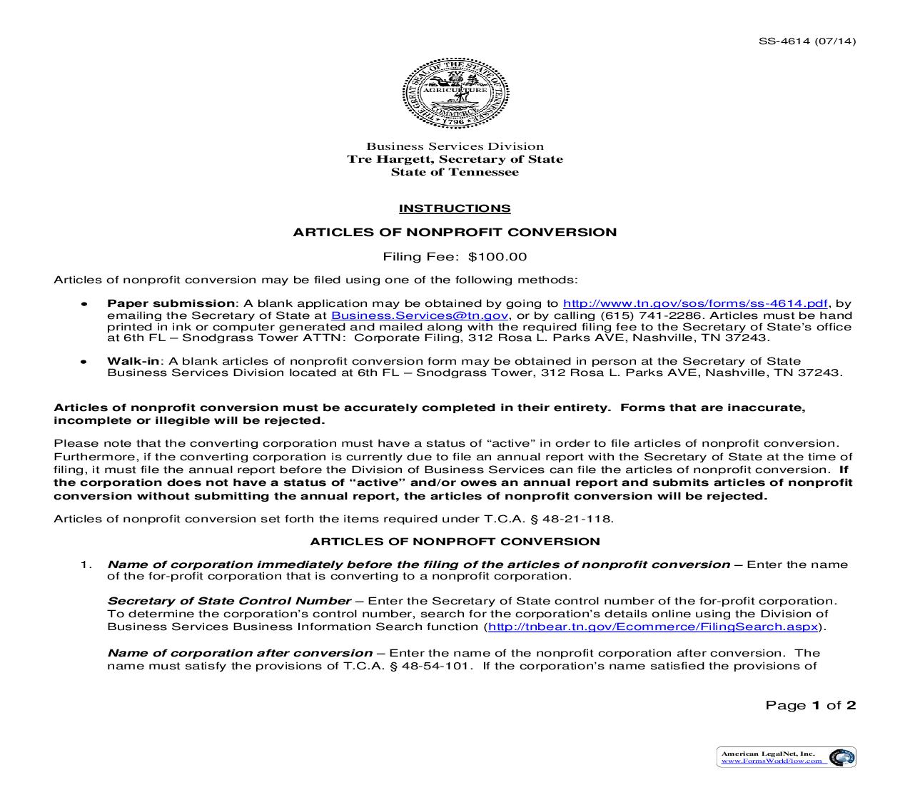Articles Of Nonprofit Conversion {SS-4614} | Pdf Fpdf Doc Docx | Tennessee
