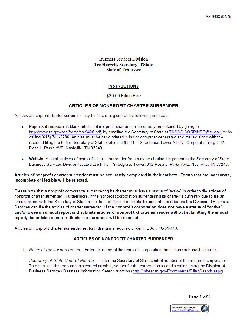Articles Of Nonprofit Surrender {SS-9408} | Pdf Fpdf Docx | Tennessee