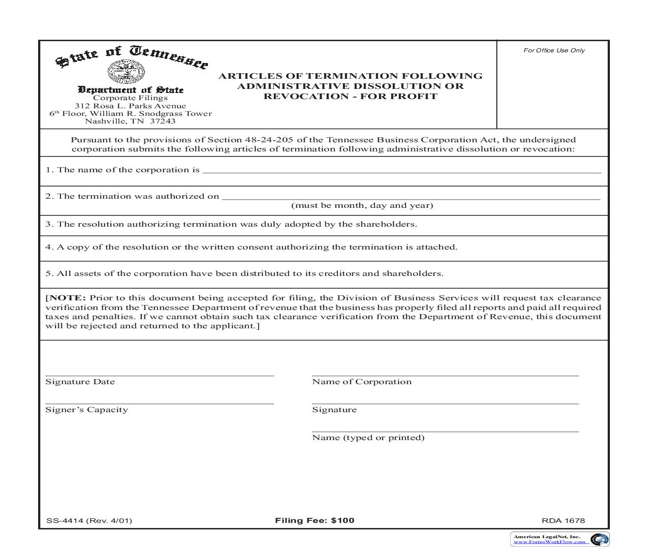 Articles Of Termination Following Administrative Dissolution Or Revocation (For Profit) {SS-4414} | Pdf Fpdf Doc Docx | Tennessee