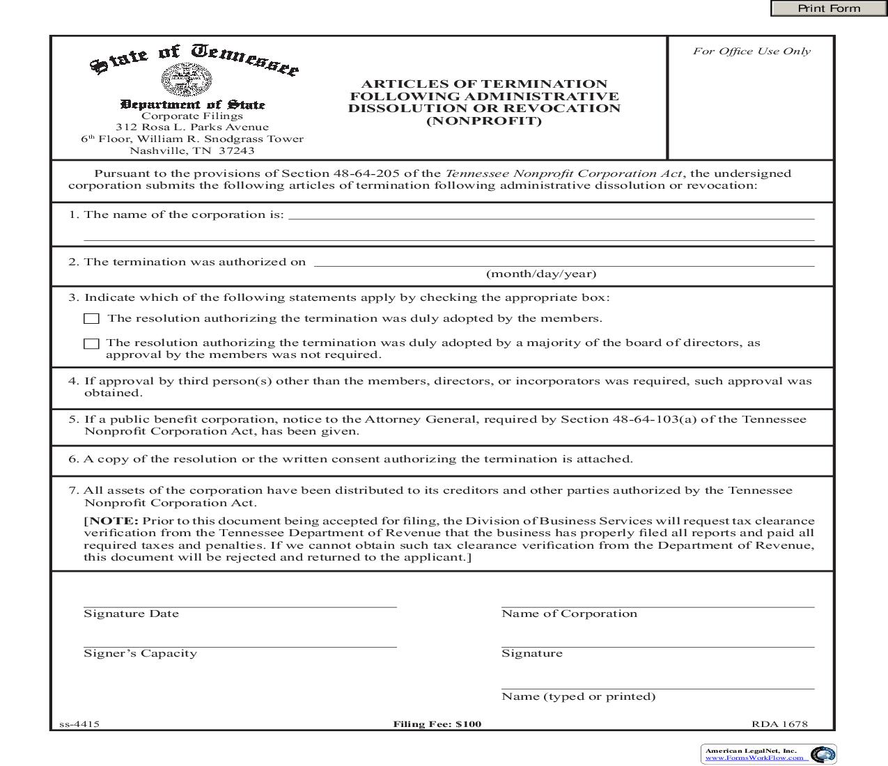 Articles Of Termination Following Administrative Dissolution Or Revocation (Nonprofit) {SS-4415} | Pdf Fpdf Doc Docx | Tennessee