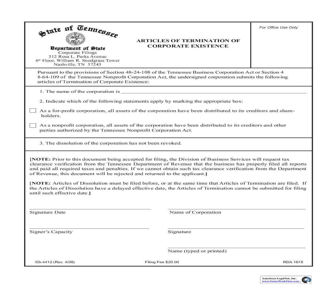 Articles Of Termination Of Corporate Existence {SS-4412} | Pdf Fpdf Doc Docx | Tennessee