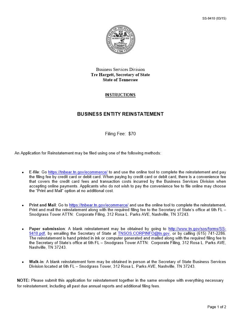 Business Entity Reinstatement {SS-9410} | Pdf Fpdf Docx | Tennessee