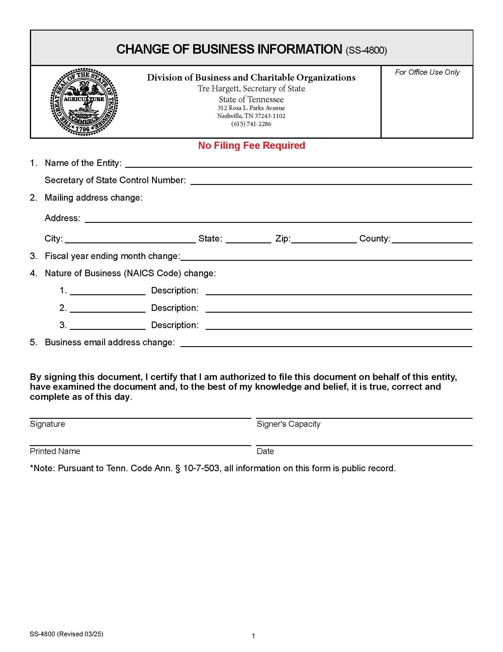 Change Of Business Information {SS-4800} | Pdf Fpdf Docx | Tennessee