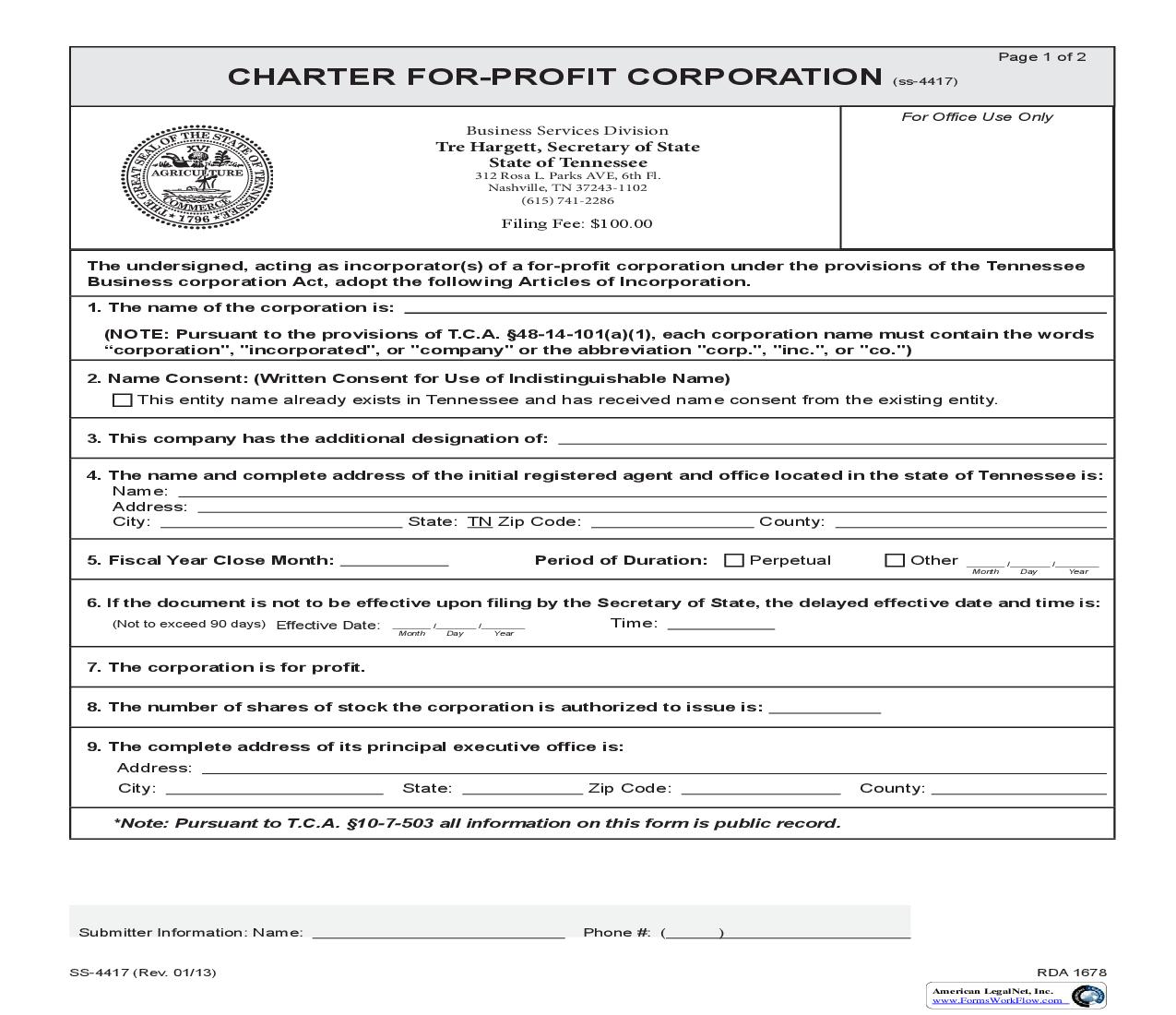 Charter (For-Profit Corporation) {SS-4417} | Pdf Fpdf Doc Docx | Tennessee