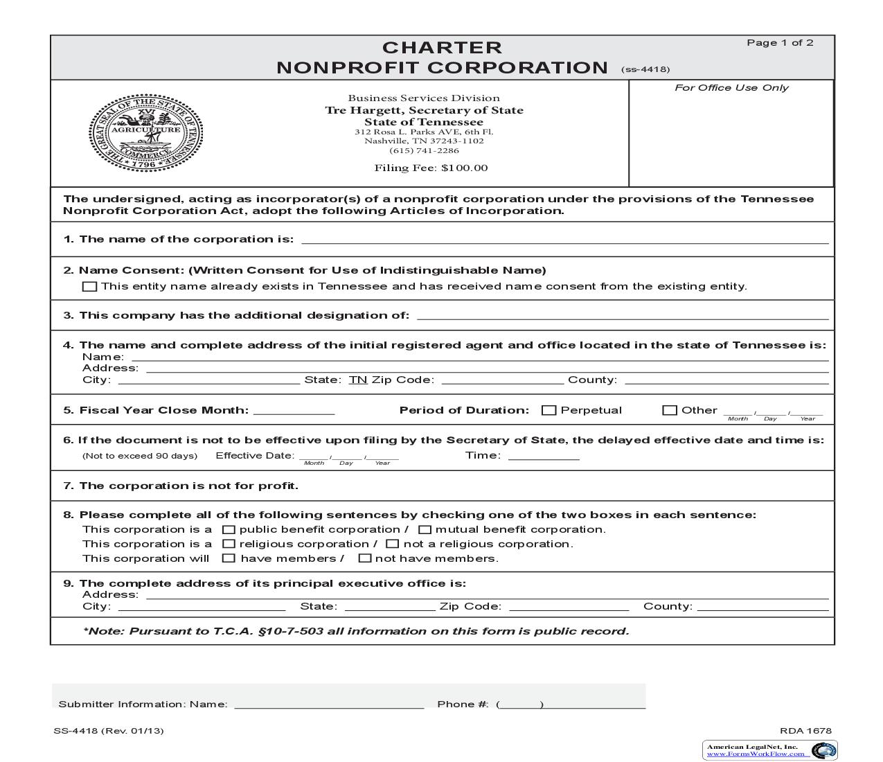 Charter (Nonprofit Corporation) {SS-4418} | Pdf Fpdf Doc Docx | Tennessee