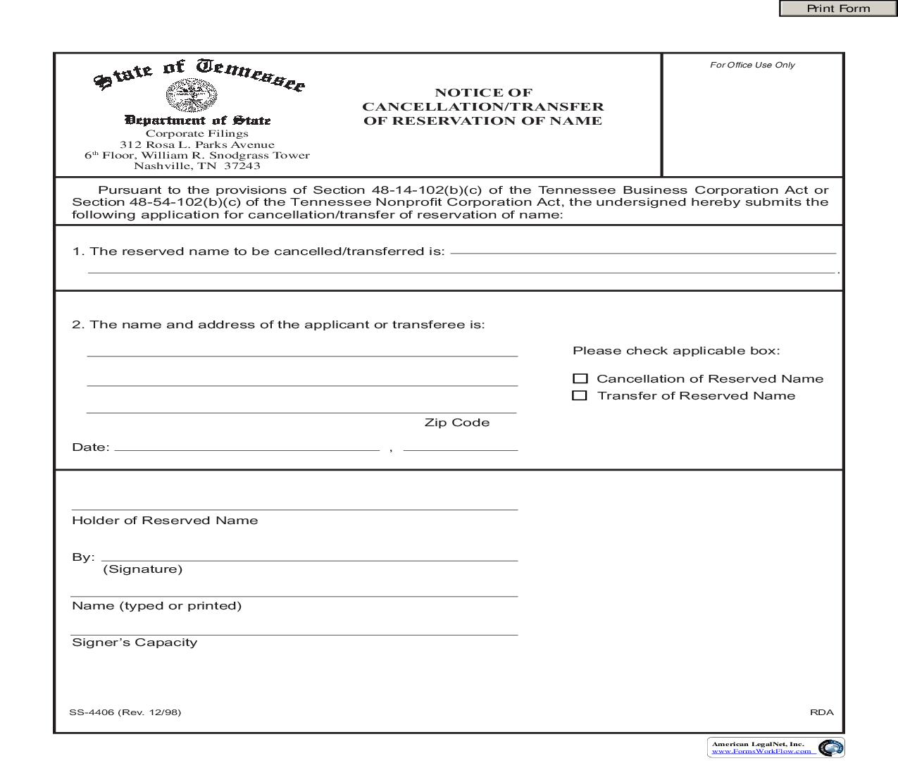 Notice Of Cancellation Or Transfer Of Reservation Of Name {SS-4406} | Pdf Fpdf Doc Docx | Tennessee