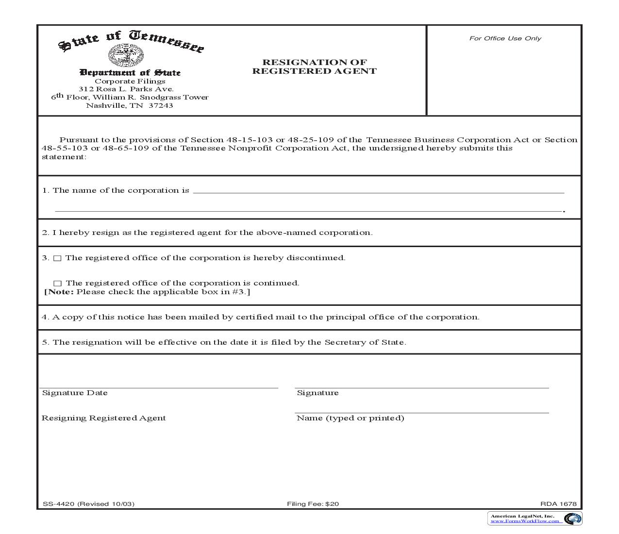 Resignation Of Registered Agent {SS-4420} | Pdf Fpdf Doc Docx | Tennessee