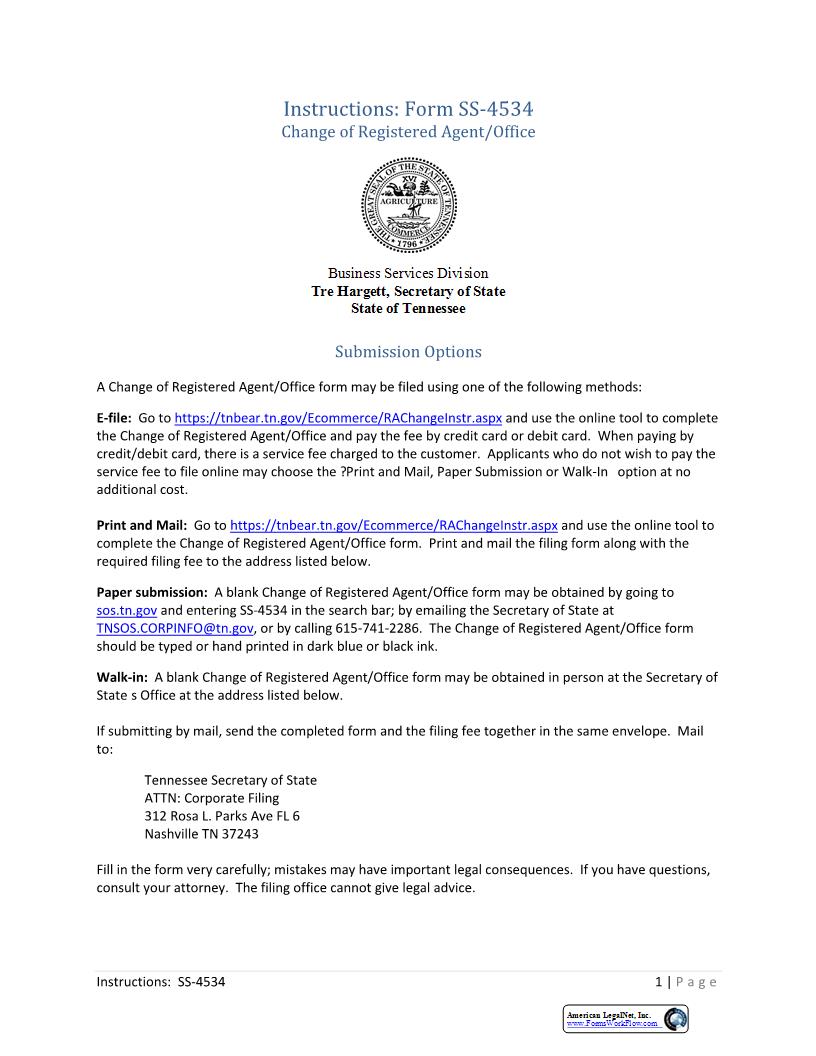 Statement Of Change Of Registered Agent By Entity Or Agent {SS-4534} | Pdf Fpdf Docx | Tennessee