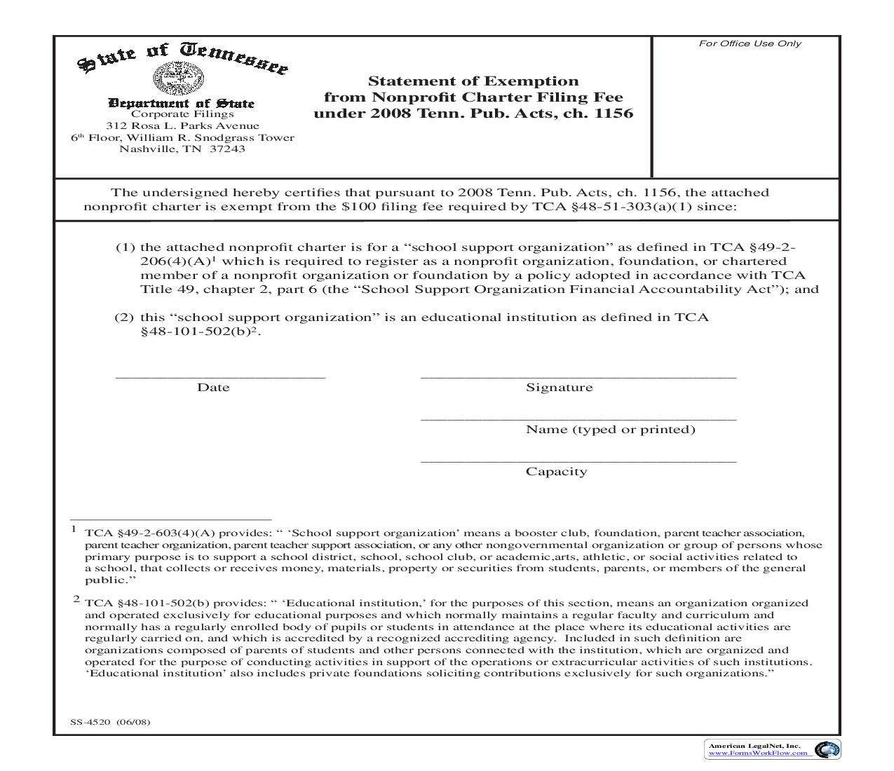 Statement Of Exemption From Nonprofit Charter Fee {SS-4520} | Pdf Fpdf Doc Docx | Tennessee