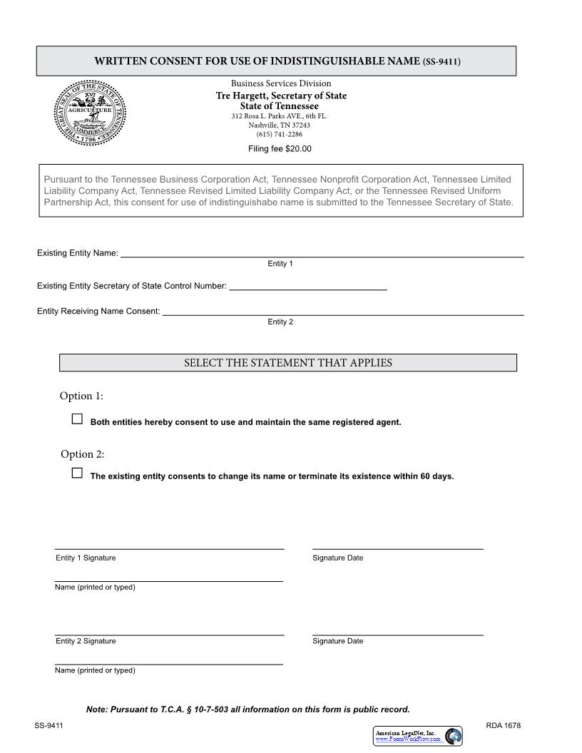 Written Consent For Use Of Name {SS-9411} | Pdf Fpdf Docx | Tennessee